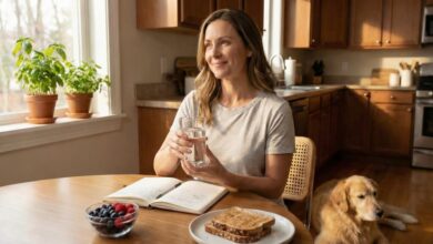 Woman drinking water at kitchen table while managing bloating symptoms