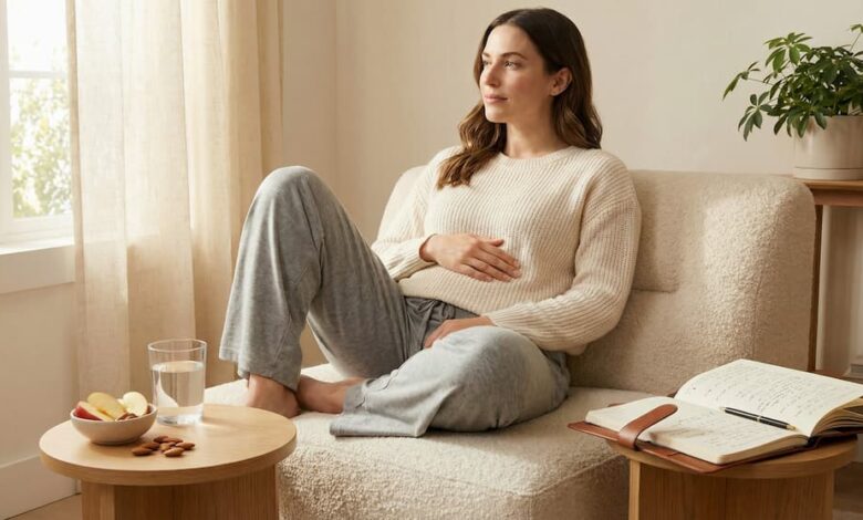 Woman in early pregnancy resting with hand on stomach to ease bloating