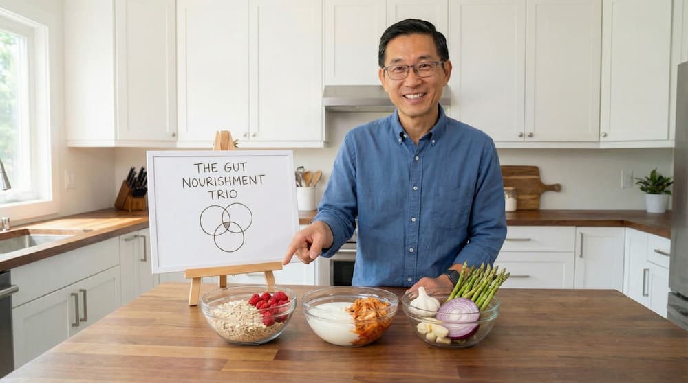 Man presenting gut friendly foods for digestion in a home kitchen