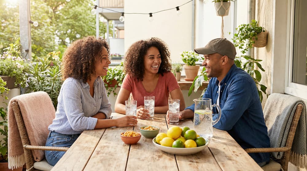 Friends enjoying sparkling water together during an outdoor gathering