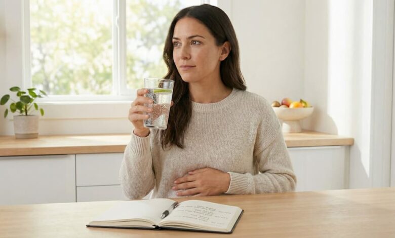 Woman drinking sparkling water while touching her stomach to manage bloating