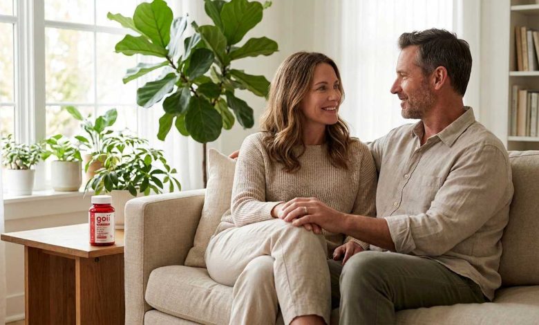 Couple at home weighing whether Goli gummies worth it, red Goli ACV bottle on table