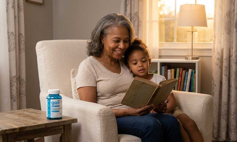 Grandmother and grandchild relaxing in a calm home corner, blue Goli ashwagandha root powder bottle nearby