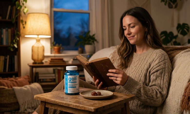 Woman relaxing at home, illustrating Goli ashwagandha benefits for women with a blue bottle nearby