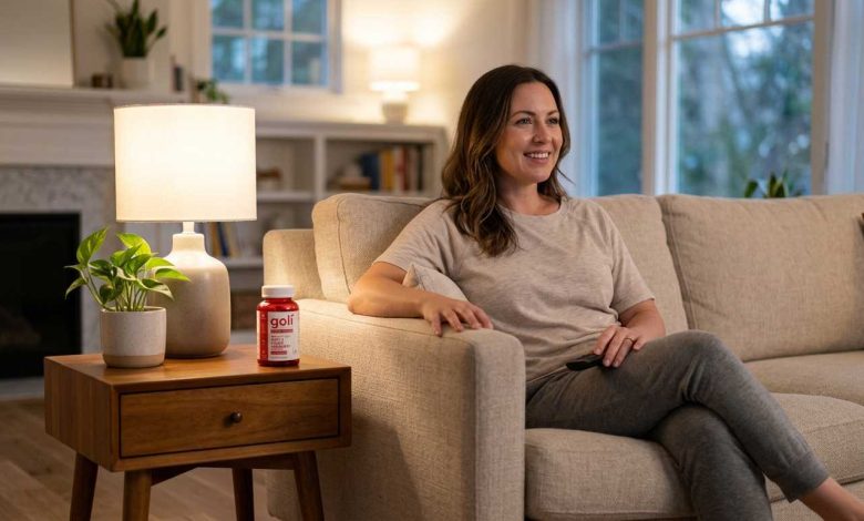 Woman in a calm morning Goli wellness routine moment at home, red ACV bottle nearby