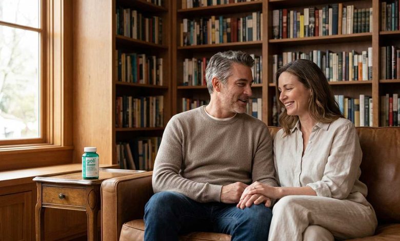 Couple relaxing in a home library wondering how long does alcohol bloating last, green Goli bottle