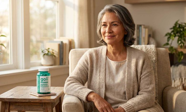 How long does Goli take to work shown by Hispanic woman with teal Pre+Post+Probiotics bottle