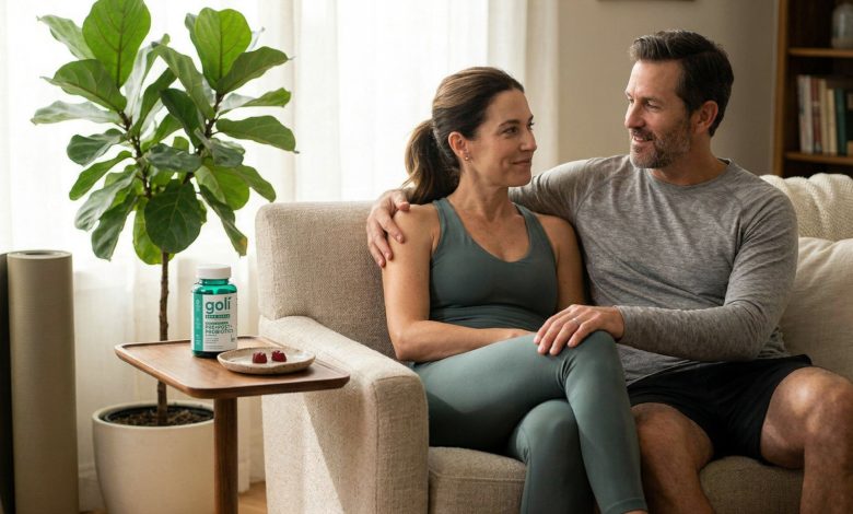 Couple relaxing at home after exercise, wondering how long does post workout bloating last, Goli bottle nearby