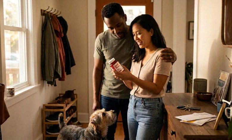 Couple at home reading a supplement label together, questioning what is inside apple cider vinegar capsules