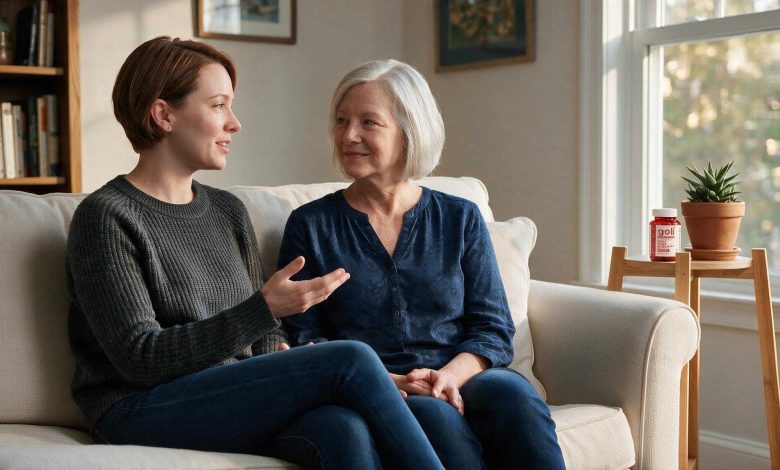 Are Goli gummies safe? Two women of different ages discuss it on a sofa, bottle nearby