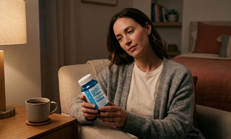Woman winding down at home before bed with a blue Goli Ashwagandha sleep bottle