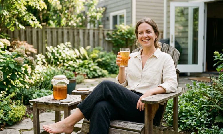 Woman at home drinking a glass of kombucha and wondering about its bloating effects