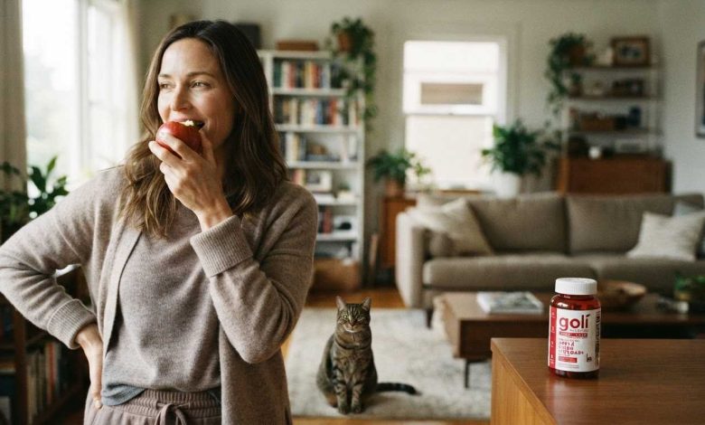 Woman eating a fresh apple at home, where Goli Apple Cider Vinegar Gummies ingredients begin