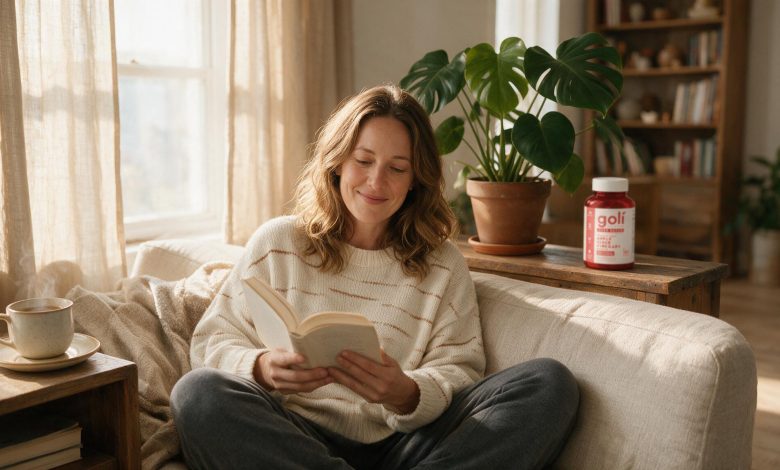 Goli Apple Cider Vinegar Gummies side effects: woman relaxed at home reading on the sofa, bottle nearby
