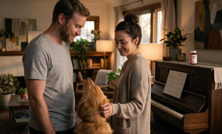 Goli Apple Cider Vinegar Gummies weight loss: couple relaxing at home with their dog, bottle nearby