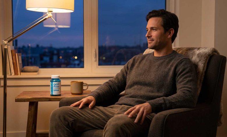 Man winding down at home in the evening holding a blue Goli Ashwagandha stress bottle