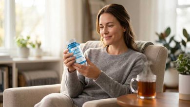 Woman at home thoughtfully reading a blue Goli Ashwagandha bottle to check for side effects