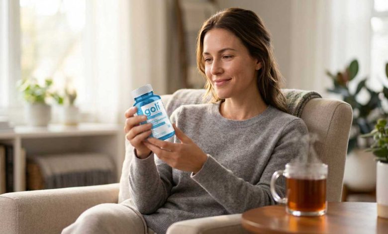 Woman at home thoughtfully reading a blue Goli Ashwagandha bottle to check for side effects