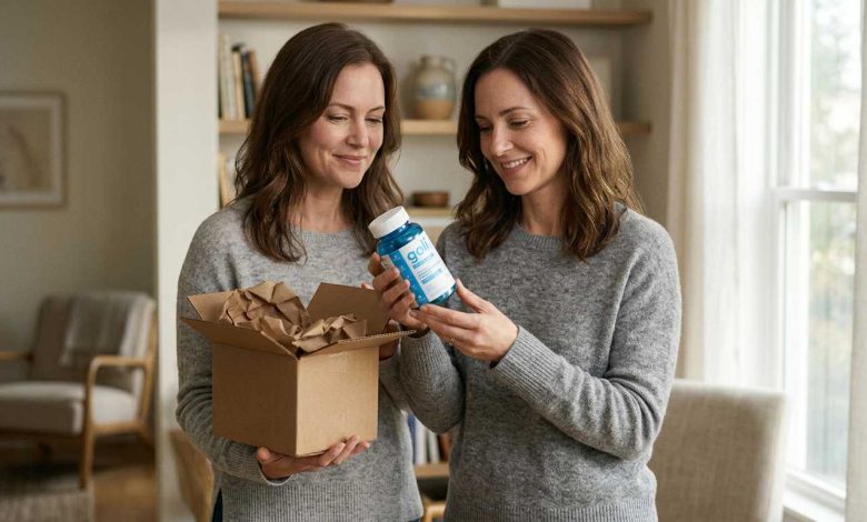 Woman looking at a just delivered Goli Ashwagandha Zero Sugar bottle standing beside its opened box