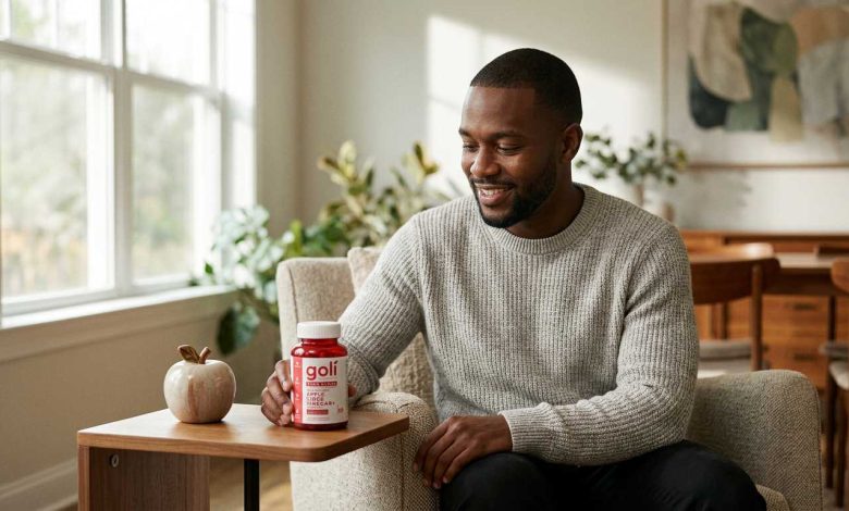 Woman at home thoughtfully reading a single red Goli bottle label to check for side effects