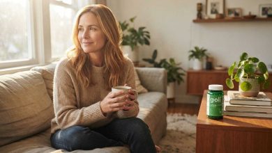 Goli Supergreens on a shelf while a woman relaxes with tea in her bright living room