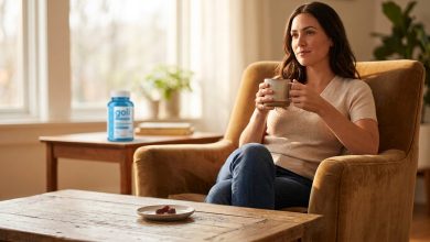 Woman at home with a Goli Ashwagandha bottle during a calm, unhurried morning wellness moment