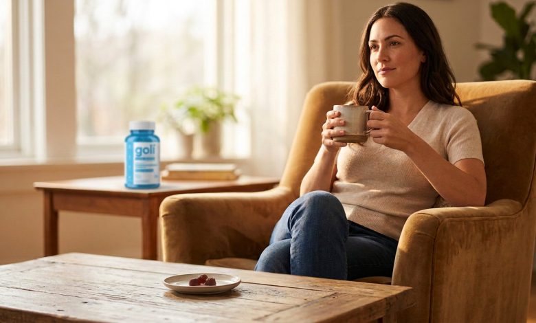 Woman at home with a Goli Ashwagandha bottle during a calm, unhurried morning wellness moment