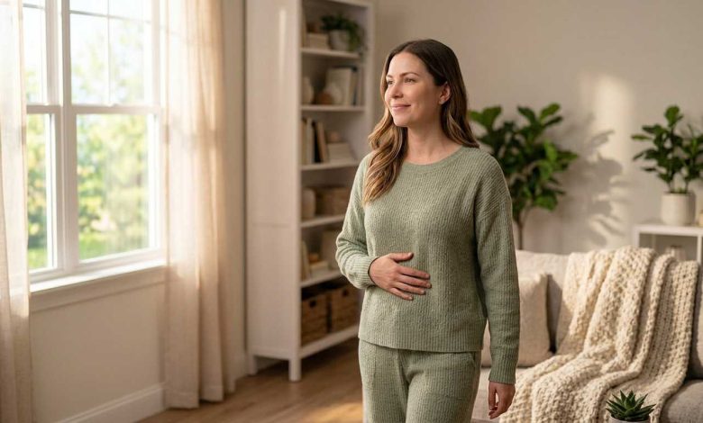Woman at home taking a slow walk with a hand on her stomach easing bloating