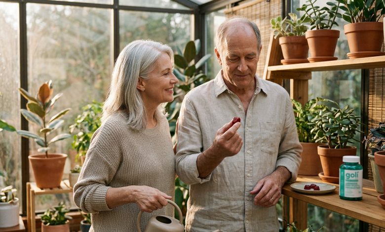 Older couple tending plants at home while one takes a chewed Goli probiotic gummy