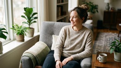 Woman at home feeling calm and energetic, the everyday goal behind NAD and glutathione
