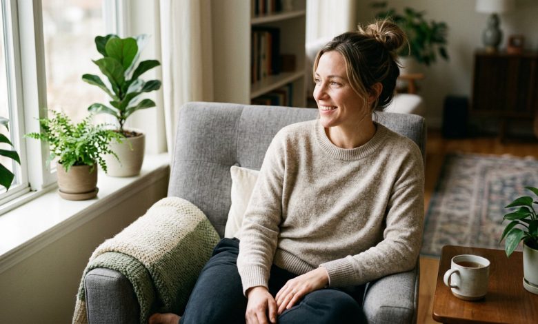 Woman at home feeling calm and energetic, the everyday goal behind NAD and glutathione