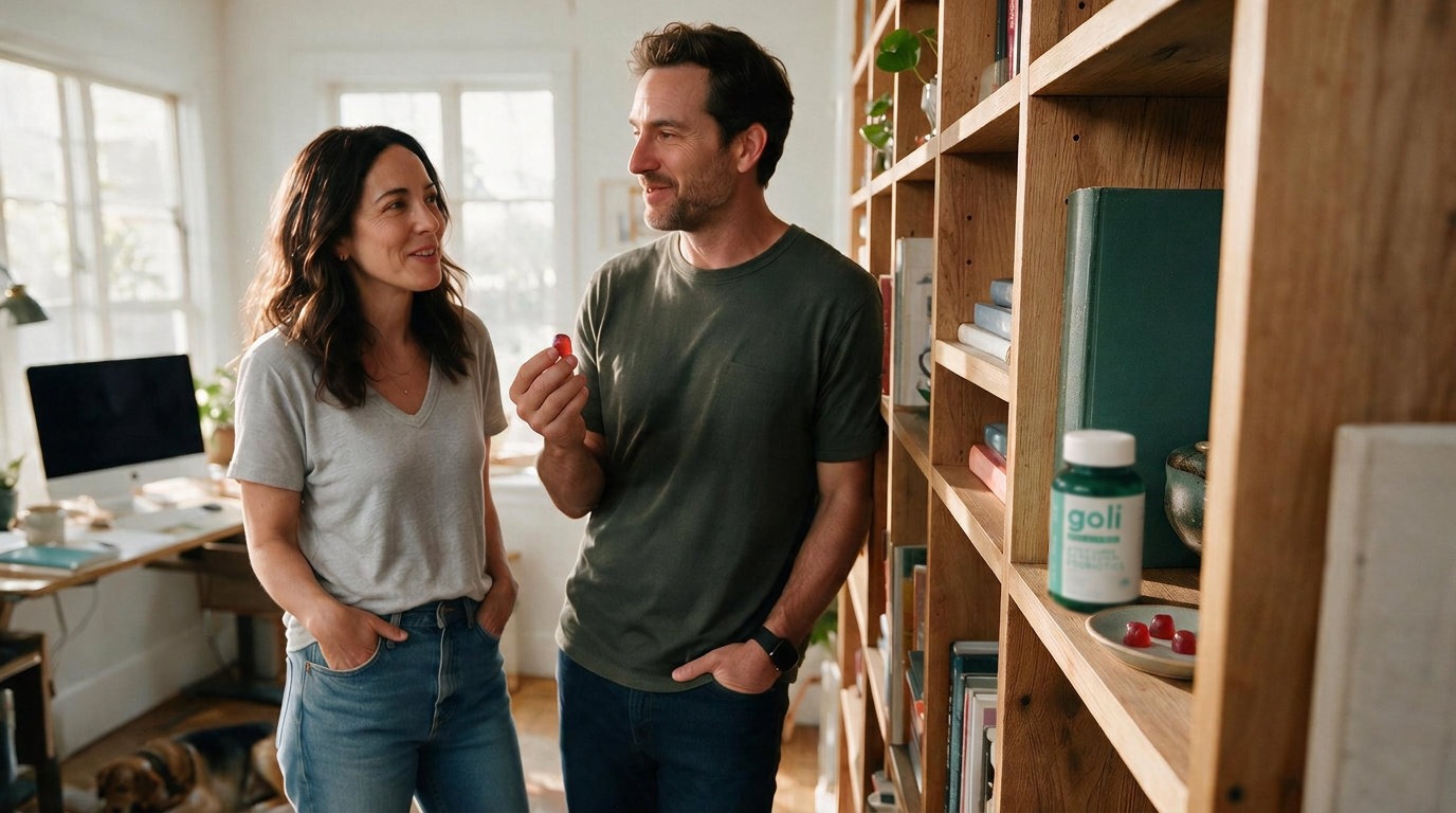 Two adults at home, one taking a chewed Goli probiotic gummy while they chat
