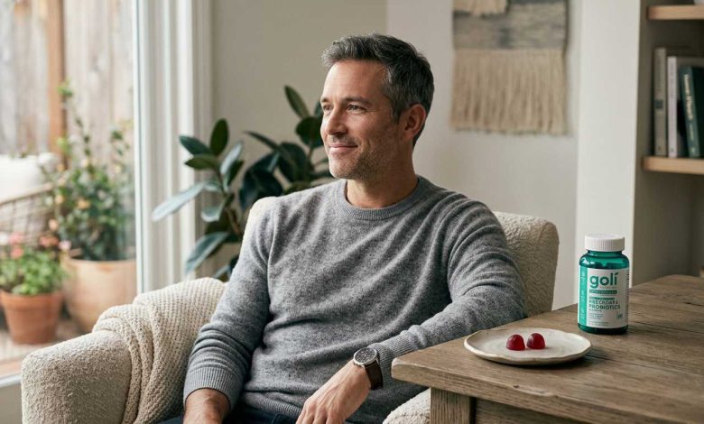 Man at home taking a chewed Goli probiotic gummy as a daily gut habit