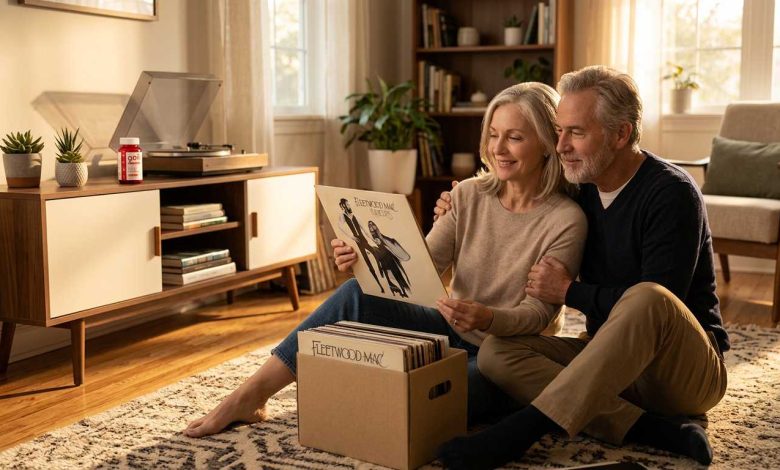Older couple sorting vinyl records on their living room floor, apple cider vinegar gummies bottle nearby