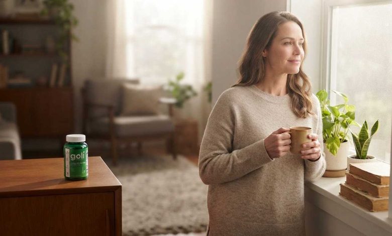 Goli Supergreens gummies benefits: a woman relaxed with coffee at her sunny living room window