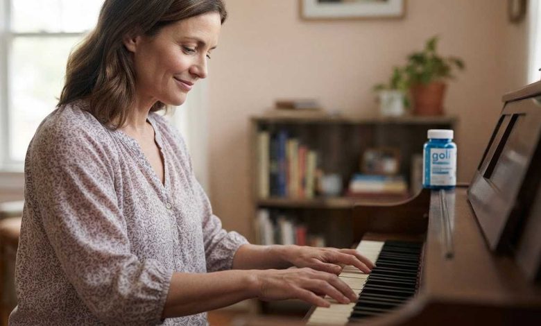 Ashwagandha supplements: a woman playing quietly at her upright piano on a weekday morning