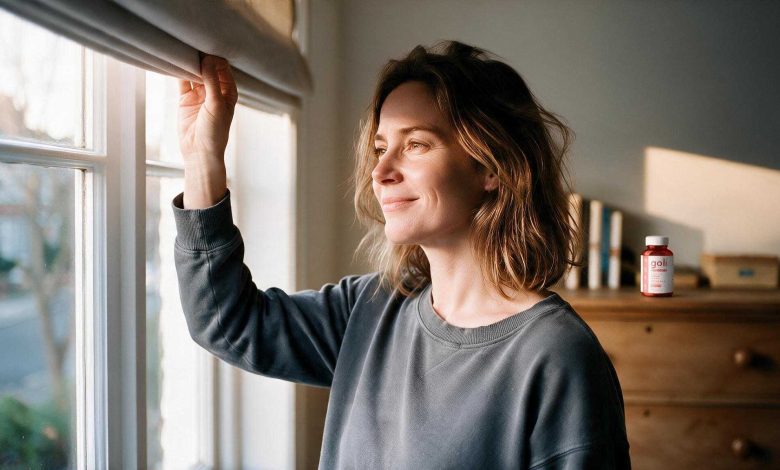 Best morning drink for bloating: a woman opening the blinds in her bedroom at dawn