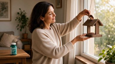 Citicoline benefits: a woman filling a bird feeder at her window on a bright morning