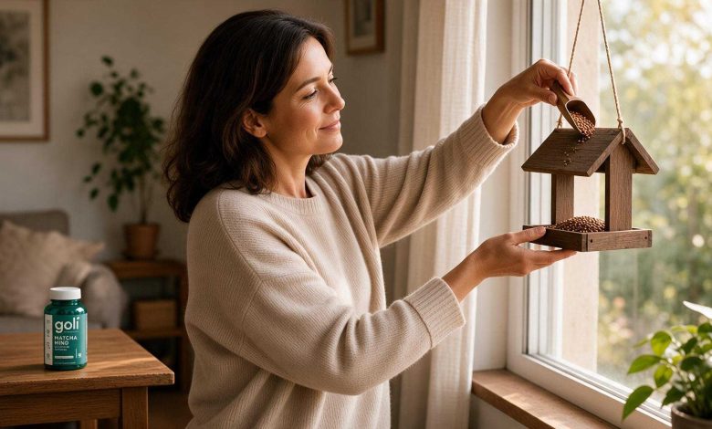 Citicoline benefits: a woman filling a bird feeder at her window on a bright morning