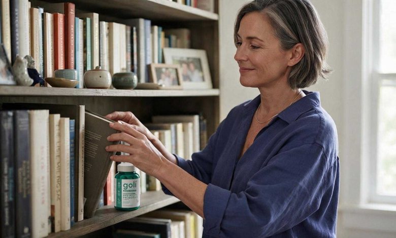 Digestive enzymes, probiotics and antacids: a woman arranging books by height on her shelf