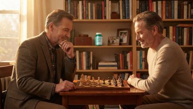 Liquid probiotics: two men playing chess in a home study on a quiet afternoon