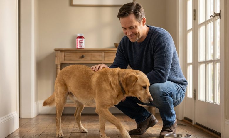 Baking soda and apple cider vinegar: a man crouching to feed his dog at home