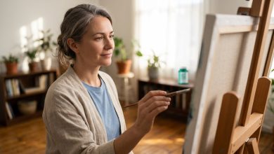 Bloating before and after: a woman painting at an easel in her sunlit room
