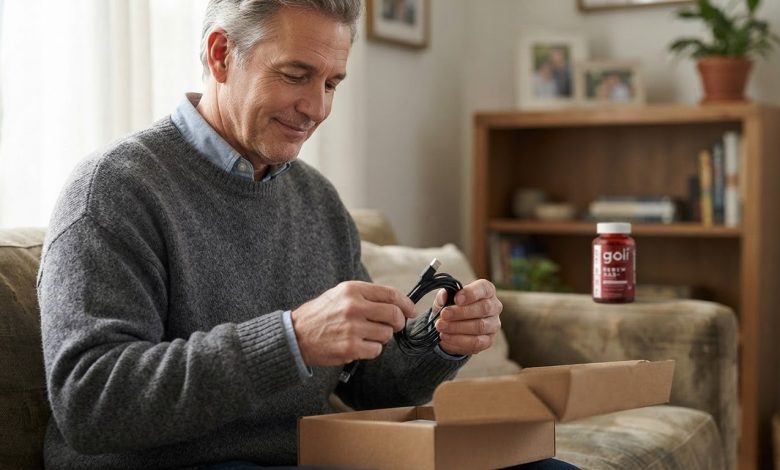 NAD pills: a man in his sixties coiling cables into a box at home