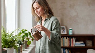 Probiotics for women gummies: a woman watering houseplants along her windowsill in the morning