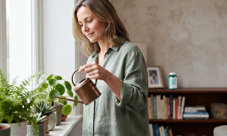 Probiotics for women gummies: a woman watering houseplants along her windowsill in the morning