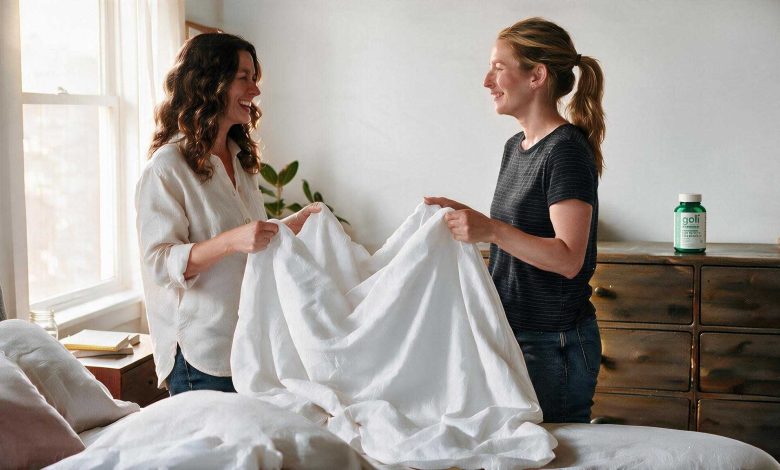 Probiotics powder: two people folding laundry together in a bright bedroom on a weekday