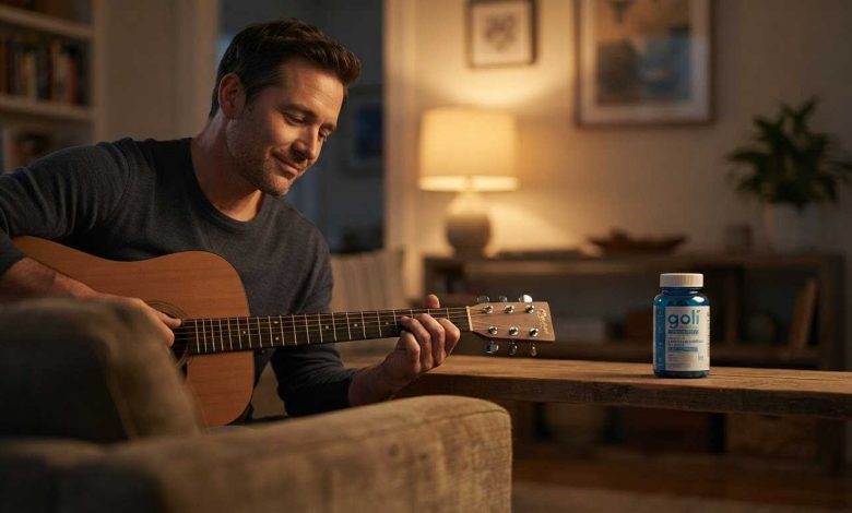 Best ashwagandha: a man tuning an acoustic guitar in his living room at dusk