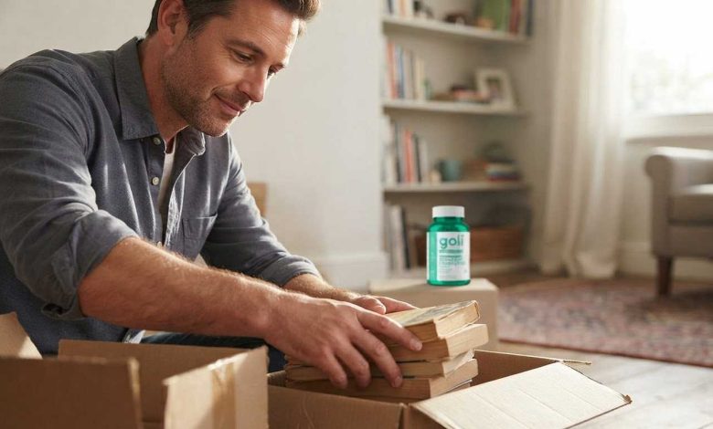 Prebiotics and probiotics supplements: a man kneeling to sort books into boxes on the floor