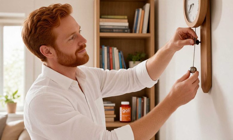 Antioxidant supplements: man adjusting a wooden wall clock in a bright lived-in living room